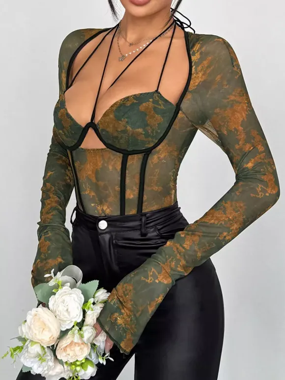 Corsets vert foncé sexy à manches évasées et coupe ajustée