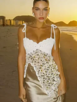Corsets blancs athlétiques sans manches à bretelles gainantes et sequins en résille
