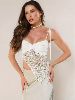 Corsets blancs athlétiques sans manches à bretelles gainantes et sequins en résille