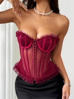 Corsets bordeaux chics sans manches et coupe ajustée en dentelle