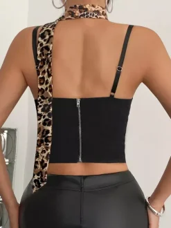 Corsets imprimé léopard noir chic sans manches à bretelles et fermeture éclair au col