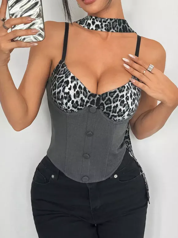 Corsets imprimé léopard noir chic sans manches à bretelles et fermeture éclair au col