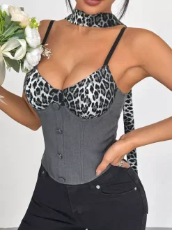 Corsets imprimé léopard noir chic sans manches à bretelles et fermeture éclair au col