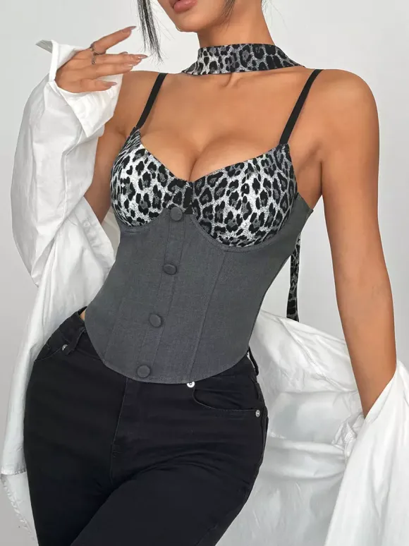 Corsets imprimé léopard noir chic sans manches à bretelles et fermeture éclair au col