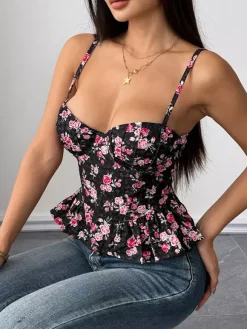 Corsets noirs corsets chics à bretelles décolleté ajusté hauts péplum à lacets