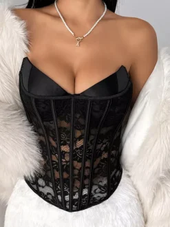 Corsets noirs sexy sans manches et bustiers en dentelle coupe ajustée