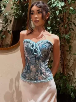 Corsets tops bleus laçage volants imprimé floral streetwear lingerie élégante