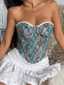 Corsets tops bleus à lacets géométriques lingerie élégante pour rendez-vous amoureux