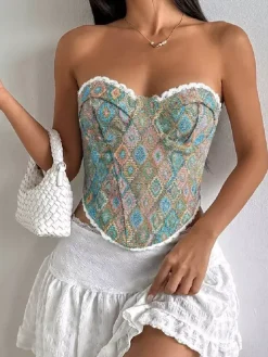 Corsets tops bleus à lacets géométriques lingerie élégante pour rendez-vous amoureux