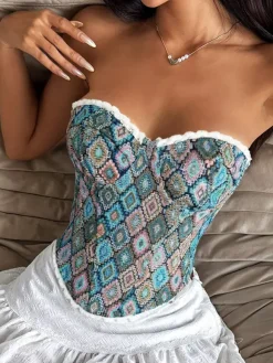 Corsets tops bleus à lacets géométriques lingerie élégante pour rendez-vous amoureux