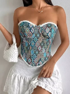 Corsets tops bleus à lacets géométriques lingerie élégante pour rendez-vous amoureux