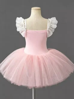 Costume de danse classique robe de ballerine rose en dentelle à bandage pour fille en polyester tenue de spectacle