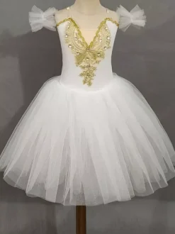 Costume de danse classique pour fille robe de ballerine à manches courtes ornée de perles en polyester lavande tenue de spectacle