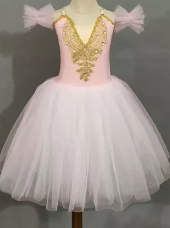 Costume de danse classique pour fille robe de ballerine à manches courtes ornée de perles en polyester lavande tenue de spectacle