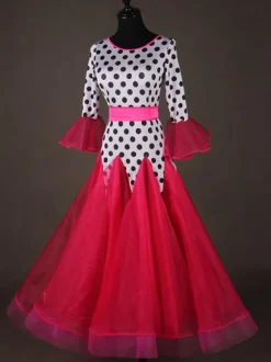 Costume de danse de salon Top rouge à manches longues Polka Dot Print Training vêtements de danse Déguisements Halloween
