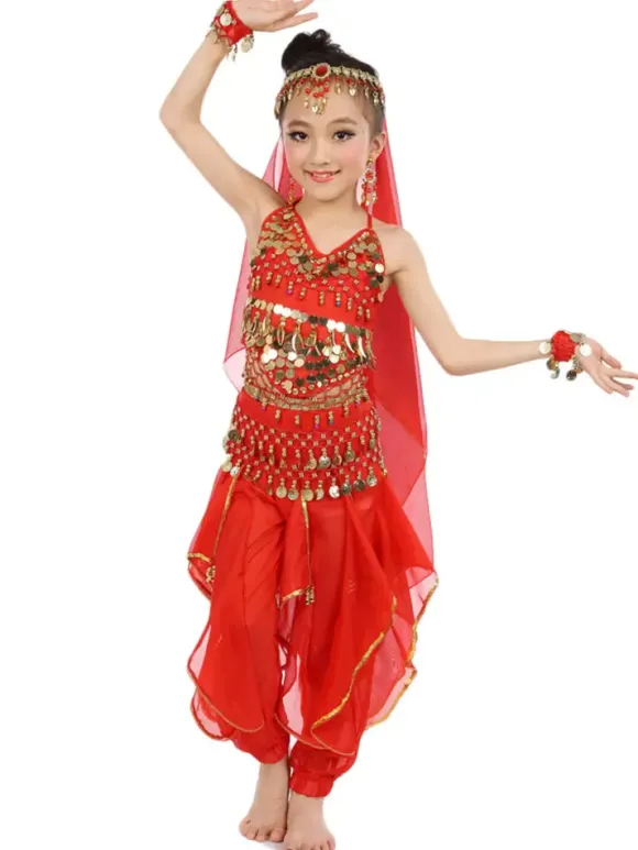 Costume de danse du ventre enfants mousseline jaune Bollywood Costumes de danse indienne Déguisements HalloweenRobe de Princesse Fille Déguisement