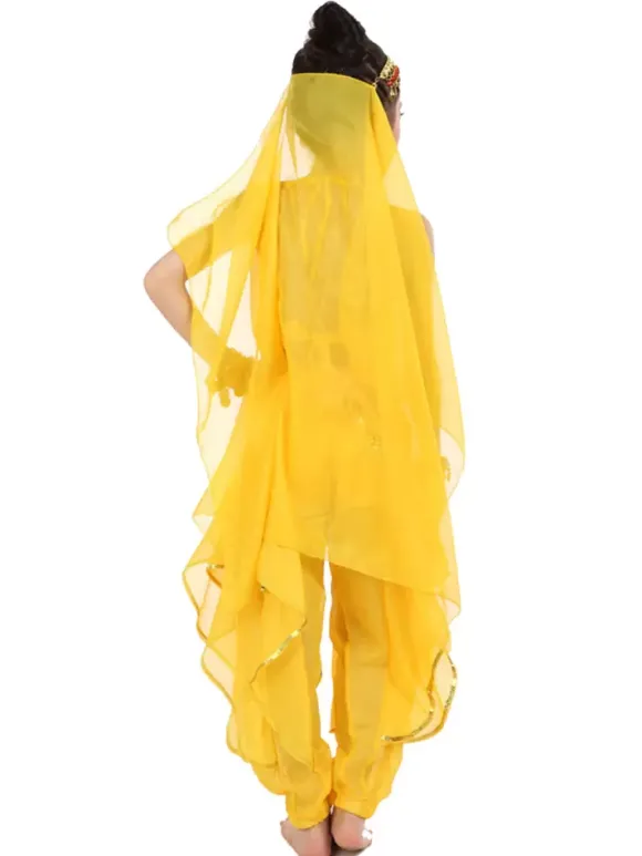 Costume de danse du ventre enfants mousseline jaune Bollywood Costumes de danse indienne Déguisements HalloweenRobe de Princesse Fille Déguisement