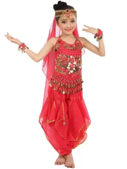 Costume de danse du ventre enfants mousseline jaune Bollywood Costumes de danse indienne Déguisements HalloweenRobe de Princesse Fille Déguisement
