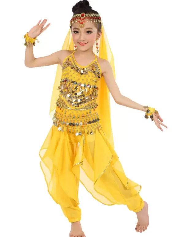Costume de danse du ventre enfants mousseline jaune Bollywood Costumes de danse indienne Déguisements HalloweenRobe de Princesse Fille Déguisement