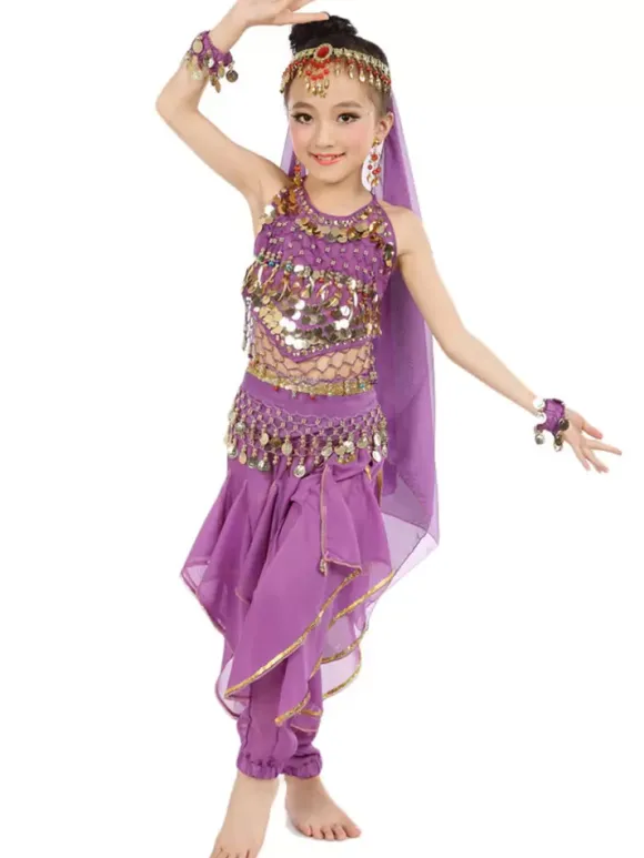 Costume de danse du ventre enfants mousseline jaune Bollywood Costumes de danse indienne Déguisements HalloweenRobe de Princesse Fille Déguisement
