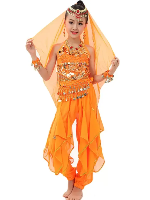 Costume de danse du ventre enfants mousseline jaune Bollywood Costumes de danse indienne Déguisements HalloweenRobe de Princesse Fille Déguisement