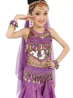 Costume de danse du ventre enfants mousseline jaune Bollywood Costumes de danse indienne Déguisements HalloweenRobe de Princesse Fille Déguisement