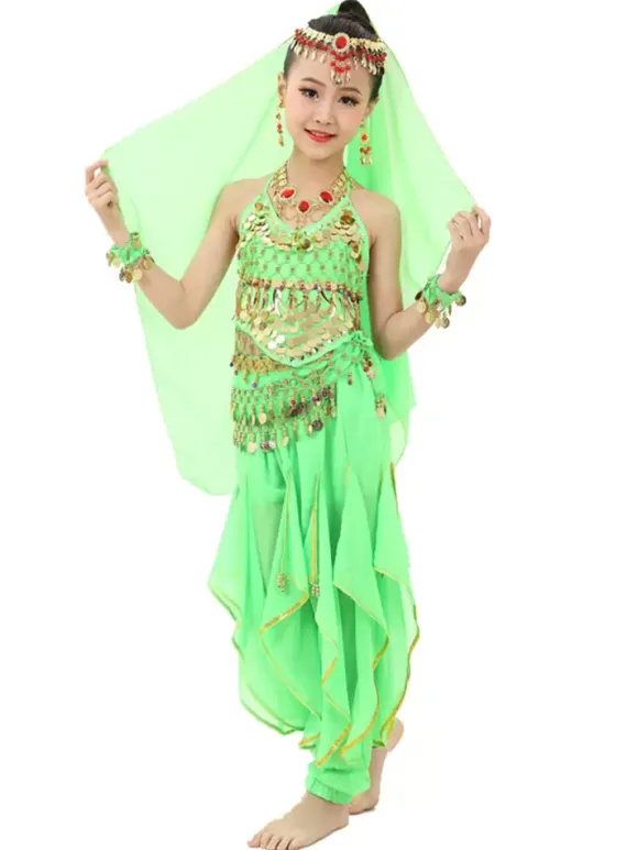 Costume de danse du ventre enfants mousseline jaune Bollywood Costumes de danse indienne Déguisements HalloweenRobe de Princesse Fille Déguisement