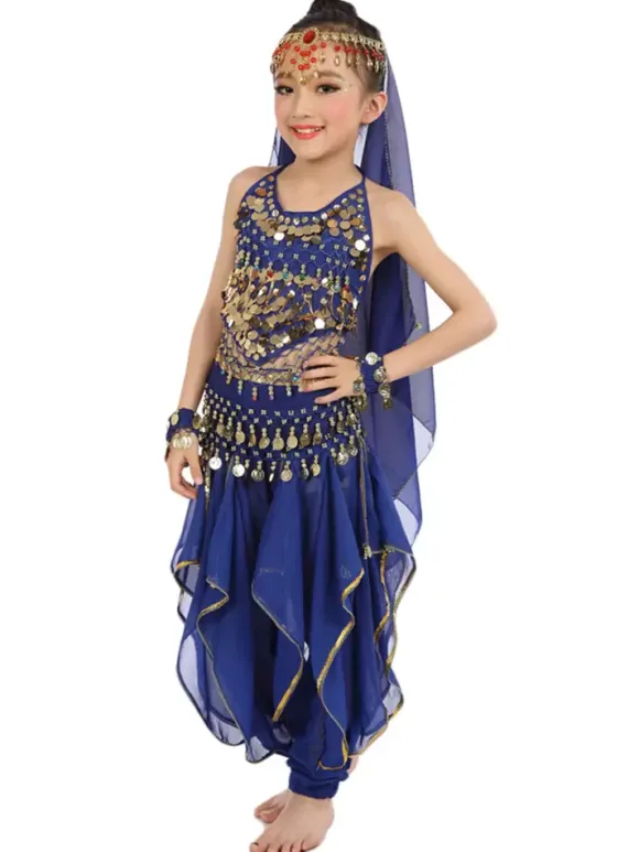 Costume de danse du ventre enfants mousseline jaune Bollywood Costumes de danse indienne Déguisements HalloweenRobe de Princesse Fille Déguisement