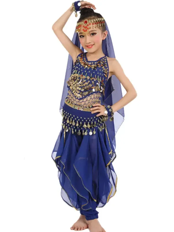 Costume de danse du ventre enfants mousseline jaune Bollywood Costumes de danse indienne Déguisements HalloweenRobe de Princesse Fille Déguisement