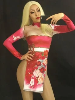 Costume de danse jazz imprimé femmes manches longues Split Cutout robes sexy Déguisements Halloween