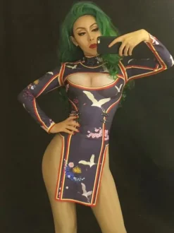 Costume de danse jazz imprimé femmes manches longues Split Cutout robes sexy Déguisements Halloween