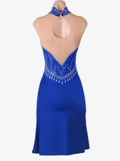 Costume de danse latine Costume Blue Women's Strass High-Slit Bullon Sexy Polyester Robe De Danse Costume