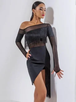 Costume De Danse Latine Noir Femmes Ensemble À Franges Robe Sexy Frange