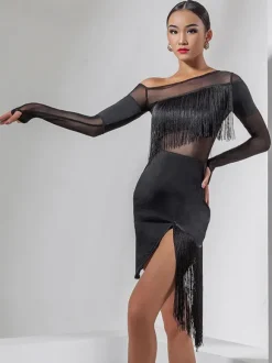 Costume De Danse Latine Noir Femmes Ensemble À Franges Robe Sexy Frange