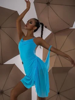 Costume de danse latine noir pour femmes ensemble plissé à épaules ouvertes robe élégante en Polyester Costume de danse