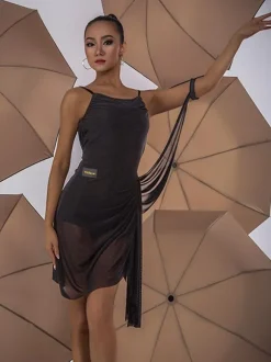 Costume de danse latine noir pour femmes ensemble plissé à épaules ouvertes robe élégante en Polyester Costume de danse