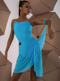 Costume de danse latine noir pour femmes ensemble plissé à épaules ouvertes robe élégante en Polyester Costume de danse