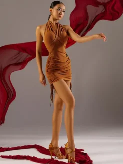Costume de danse latine noir pour femmes robe en Polyester dos nu élégante plissée vêtements de danse latine