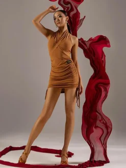 Costume de danse latine noir pour femmes robe en Polyester dos nu élégante plissée vêtements de danse latine