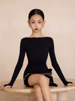 Costume de danse latine pour filles noires robe moulante à manches longues haut de costume de danse