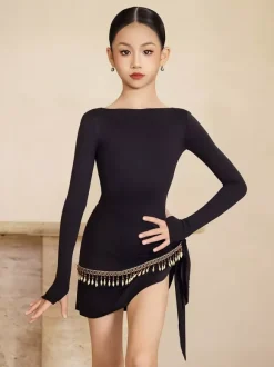 Costume de danse latine pour filles noires robe moulante à manches longues haut de costume de danse