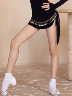 Costume de danse latine pour filles noires robe moulante à manches longues haut de costume de danse