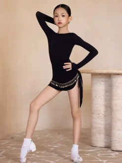 Costume de danse latine pour filles noires robe moulante à manches longues haut de costume de danse