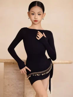 Costume de danse latine pour filles noires robe moulante à manches longues haut de costume de danse