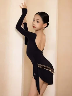 Costume de danse latine pour filles noires robe moulante à manches longues haut de costume de danse