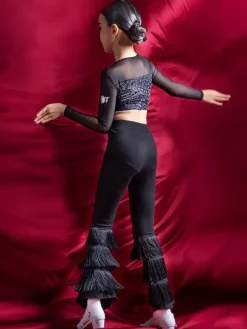 Costume de danse latine pantalon en Polyester noir pour fille haut vêtements de danse latine