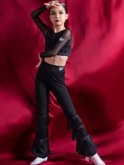 Costume de danse latine pantalon en Polyester noir pour fille haut vêtements de danse latine