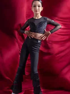 Costume de danse latine pantalon en Polyester noir pour fille haut vêtements de danse latine