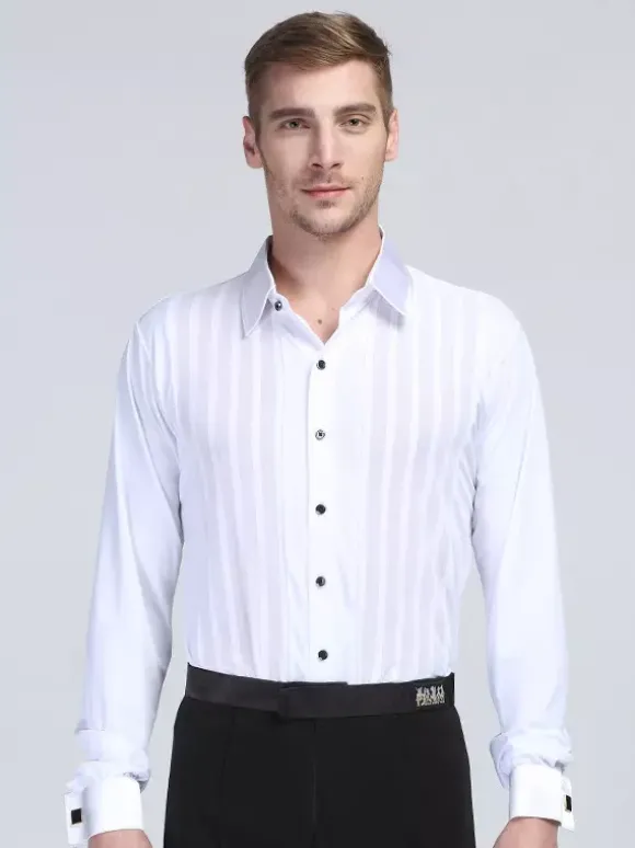 Costume de danse latine pour homme chemise blanche à rayures en élasthanne à manches longues chemises de compétition de danse latine