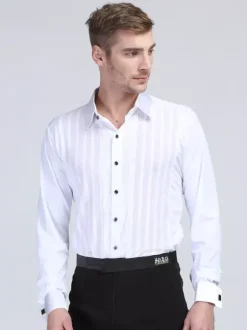 Costume de danse latine pour homme chemise blanche à rayures en élasthanne à manches longues chemises de compétition de danse latine